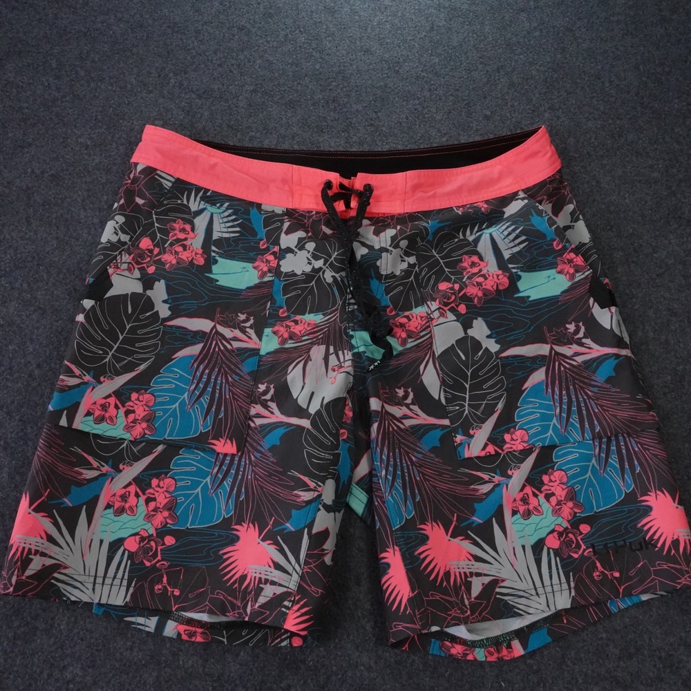 Huk  Tropical Floral Board Shorts Black Pink Teal Size 36 Fishing Swim Trunks